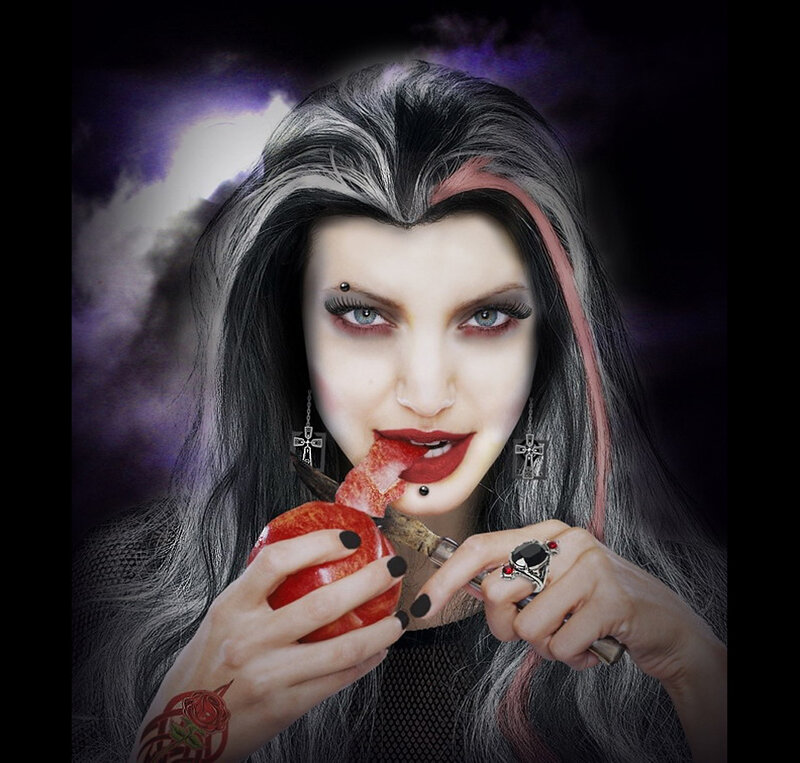woman eating red apple