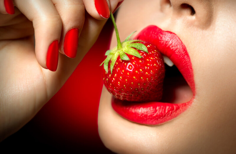 Woman Eating Strawberry — Red, Sensual, Photograph, Hand, Lips