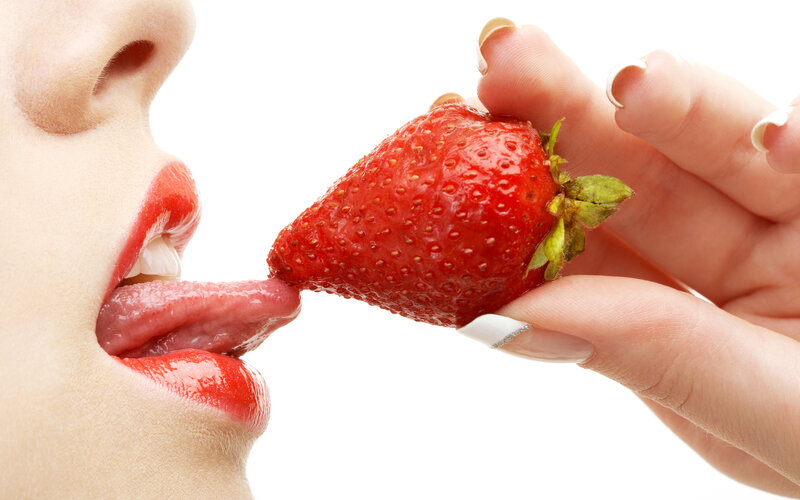 Woman Eating Strawberry — Red, Sensual, Photograph, Hand