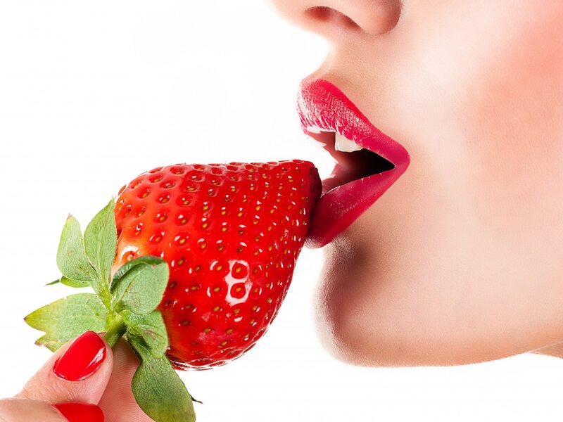 Woman Eating Strawberry — Red, Sensual, Photograph, Lips, Hand