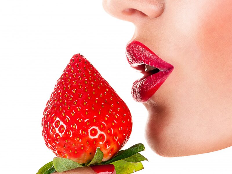 Woman Eating Strawberry — Red, Sensual, Photograph, Lips