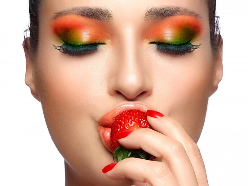 Woman Eating Strawberry — Red, Sensual, Photograph, Makeup