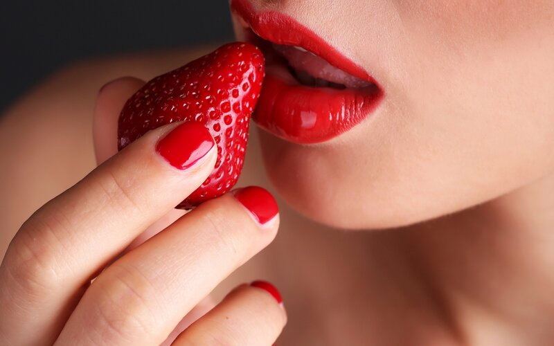 Woman Eating Strawberry — Red, Sensual, Photograph, Red Lipstick, Nail Polish
