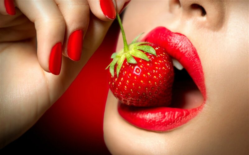 Woman Eating Strawberry — Red, Sensual, Photograph, Red Nails