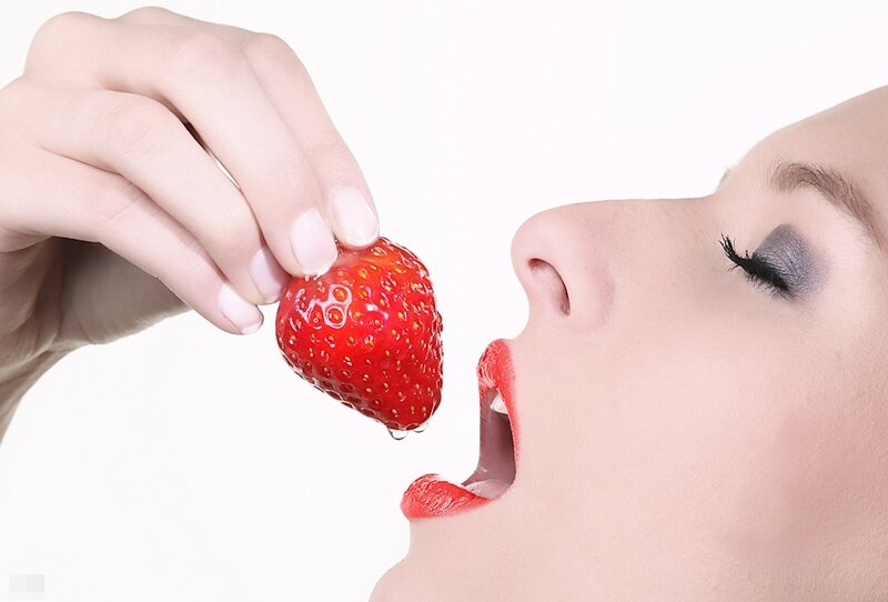 Woman Eating Strawberry — Red, Sensual, Photograph