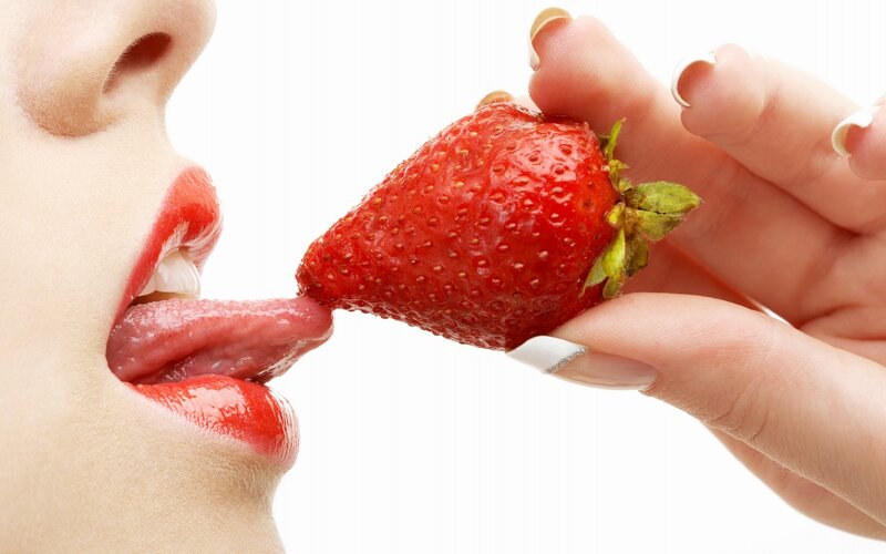 Woman Eating Strawberry — Red, Sensual