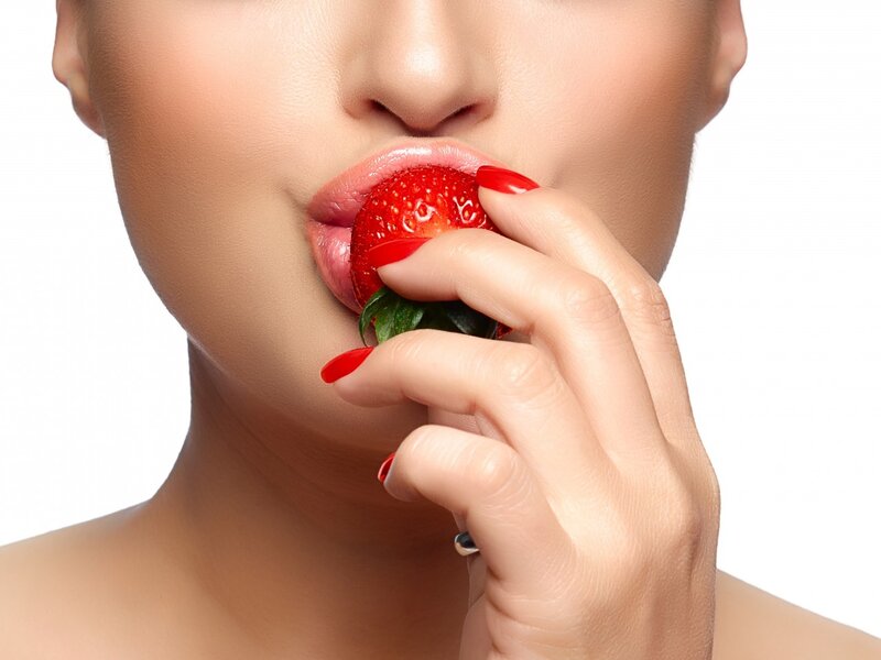 Woman Eating Strawberry — White, Neutral