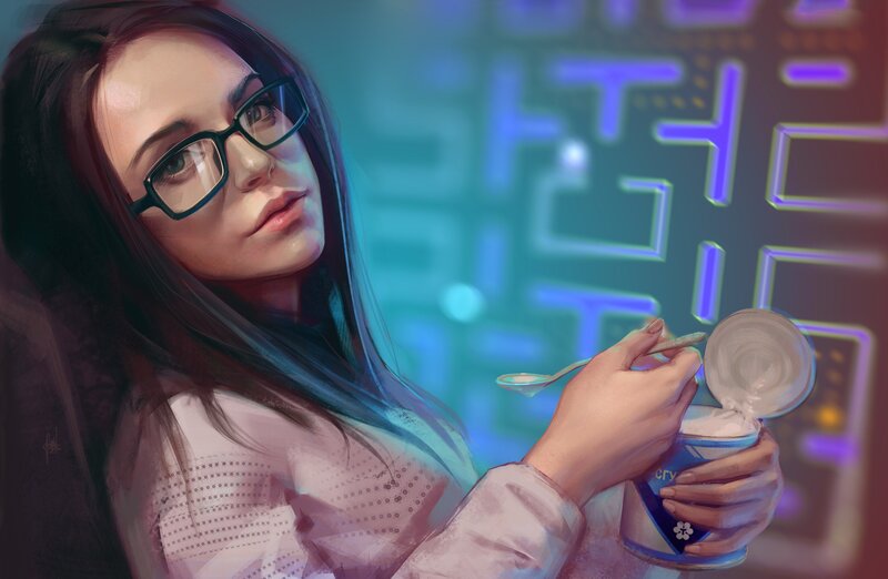 Woman Eating Yogurt — Blue