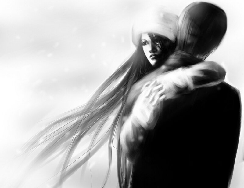 woman embracing a man in snow