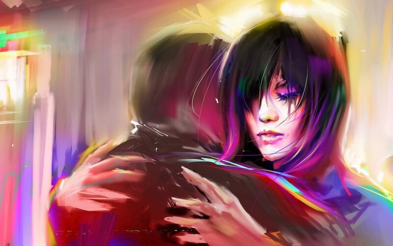woman embracing in colorful light