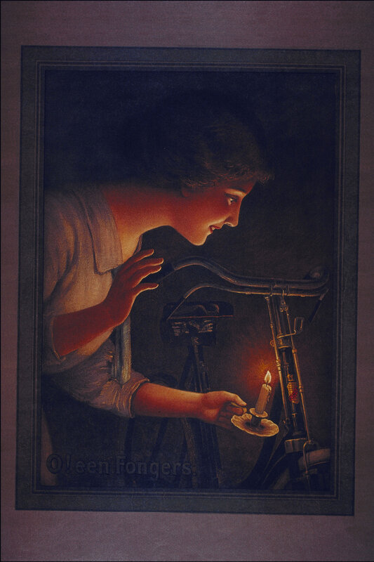 woman examining bicycle at night