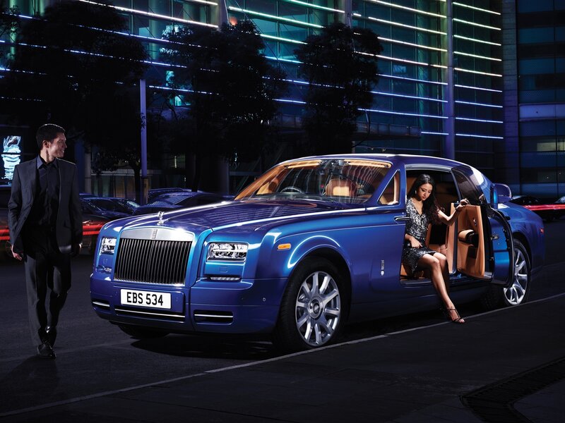 Woman Exiting Luxury Car — Blue, Dramatic, Night