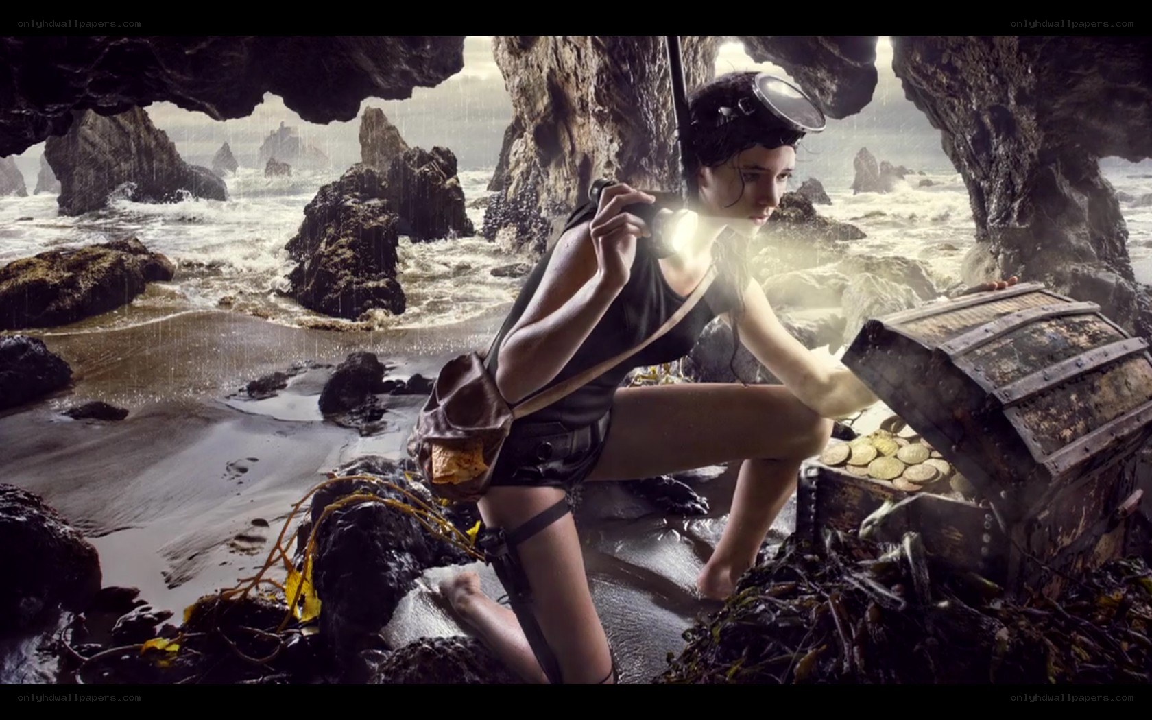 woman exploring cave with treasure