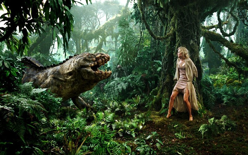 Woman faces dinosaur in jungle