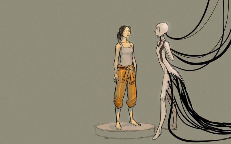 woman facing a creature