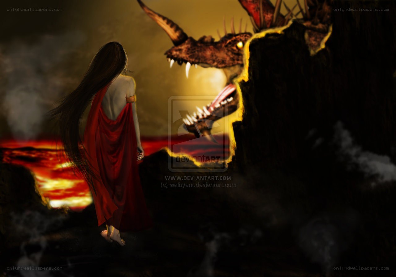 woman facing a dragon