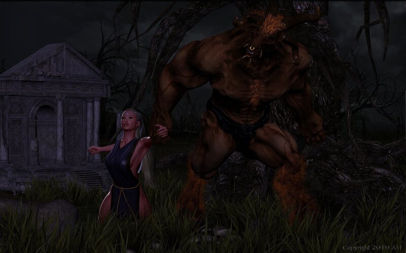 Woman facing a monster in a graveyard