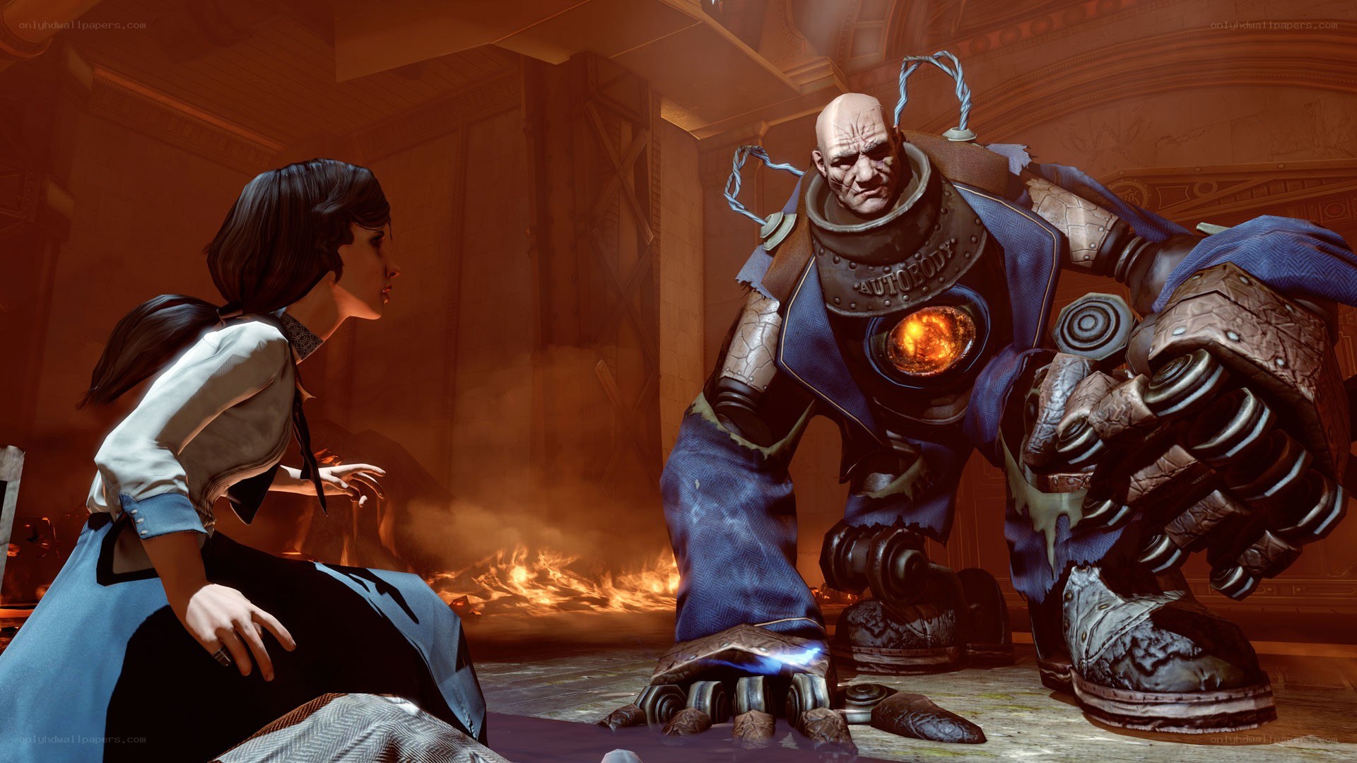 woman facing a robot in fire