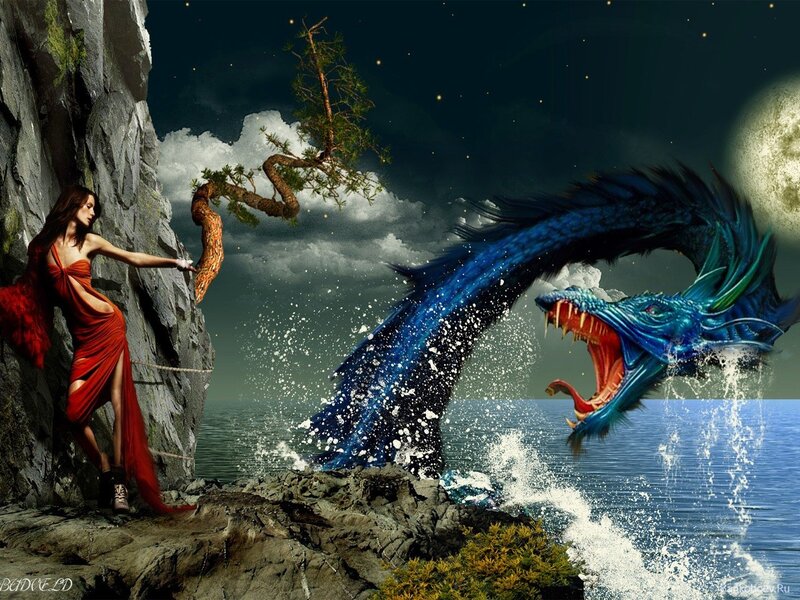 Woman facing a sea dragon
