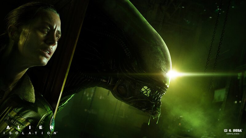 Woman Facing Alien Creature — Green, Dark, Tense, Night