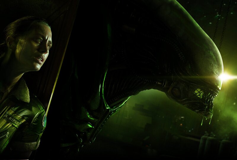 Woman Facing Alien Creature — Green, Dark, Tense