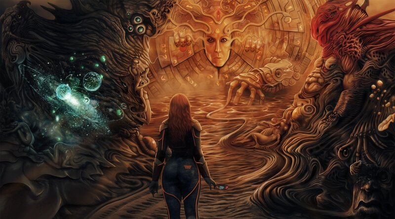 woman facing cosmic entities