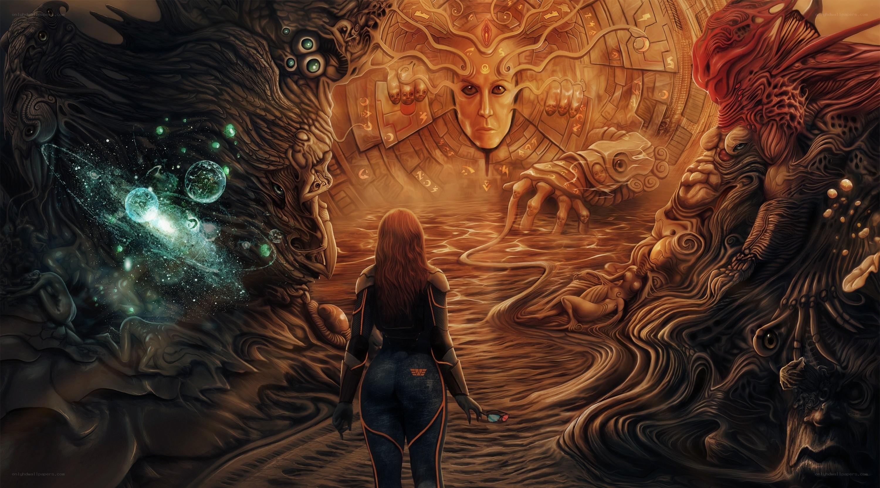 woman facing cosmic entities