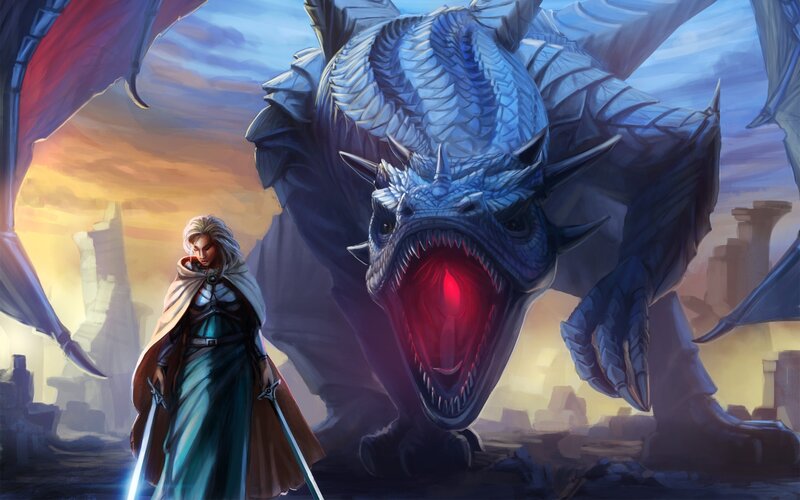 Woman Facing Dragon — Blue