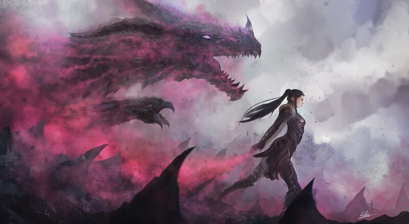 Woman Facing Dragon — Purple, Dramatic, Digital Art