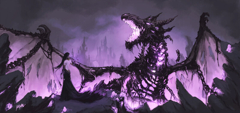 Woman Facing Dragon — Purple, Dramatic, Night