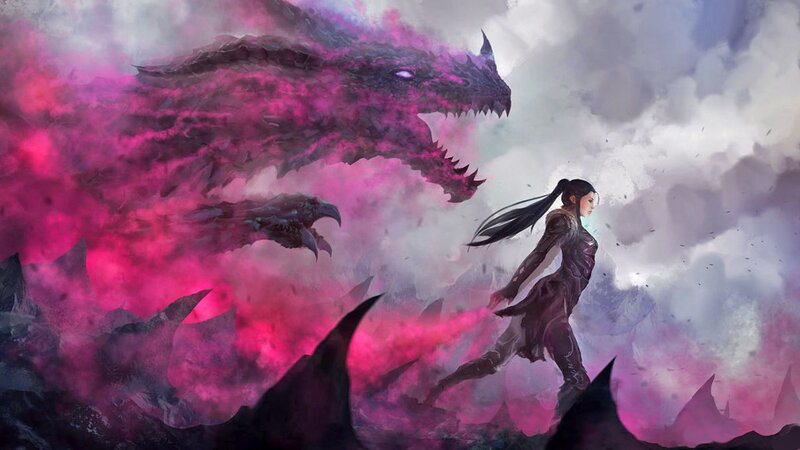 Woman Facing Dragon — Purple, Dramatic