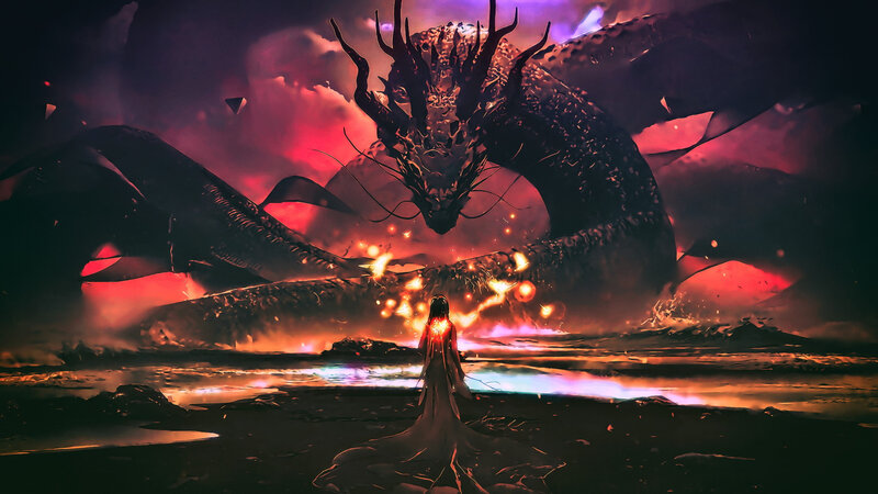 Woman Facing Dragon — Red