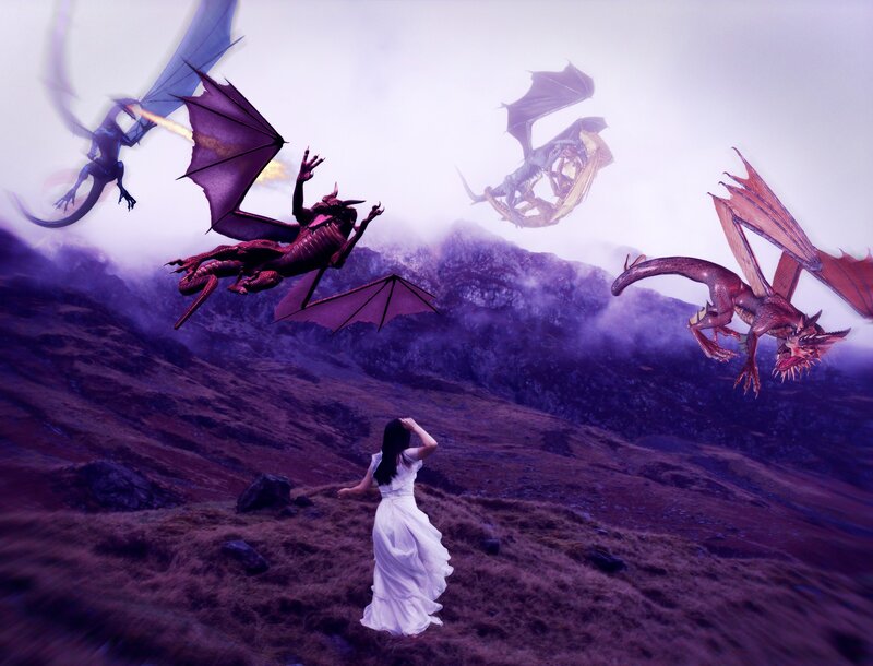 Woman facing dragons in purple mountains