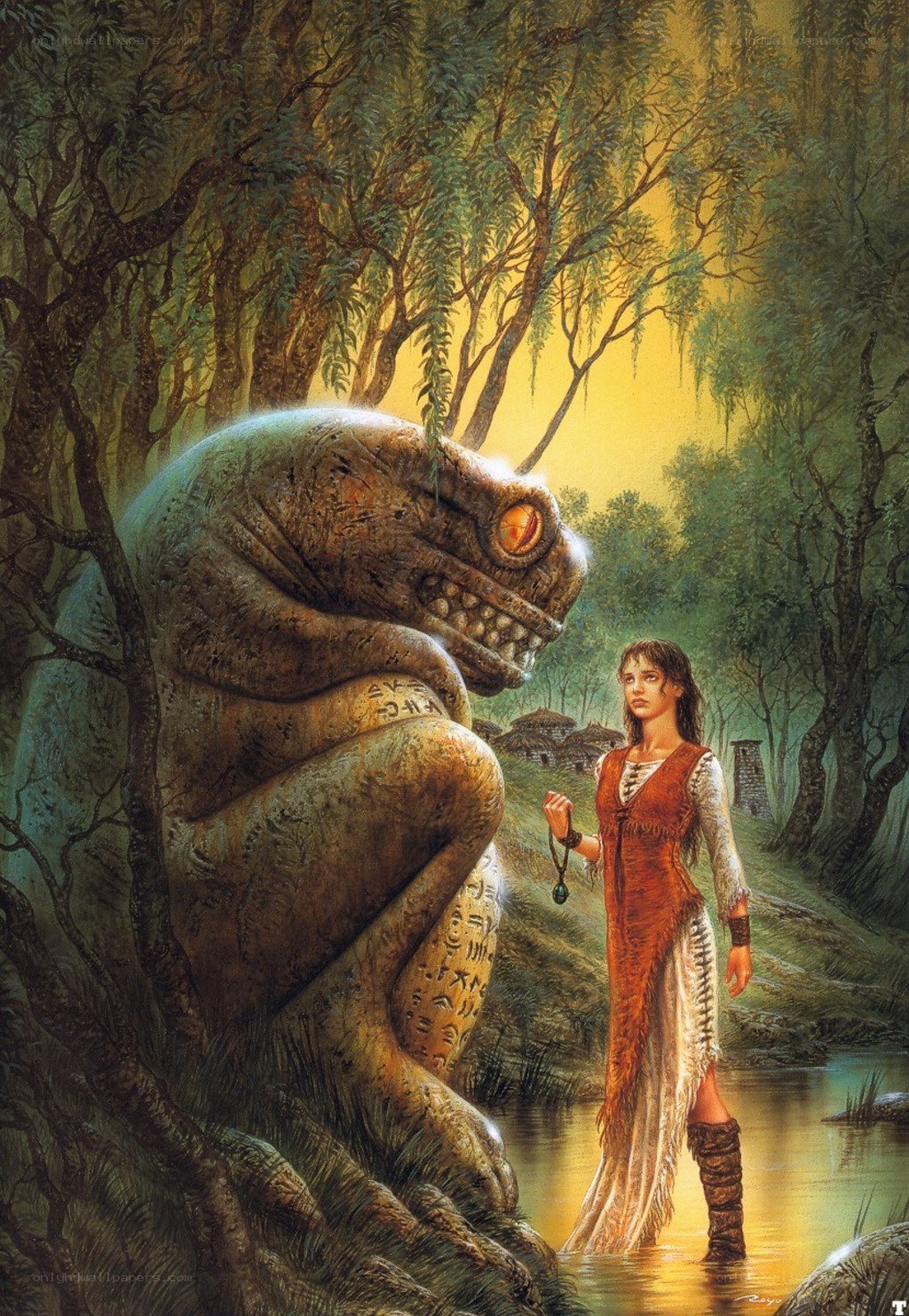 Woman facing giant creature