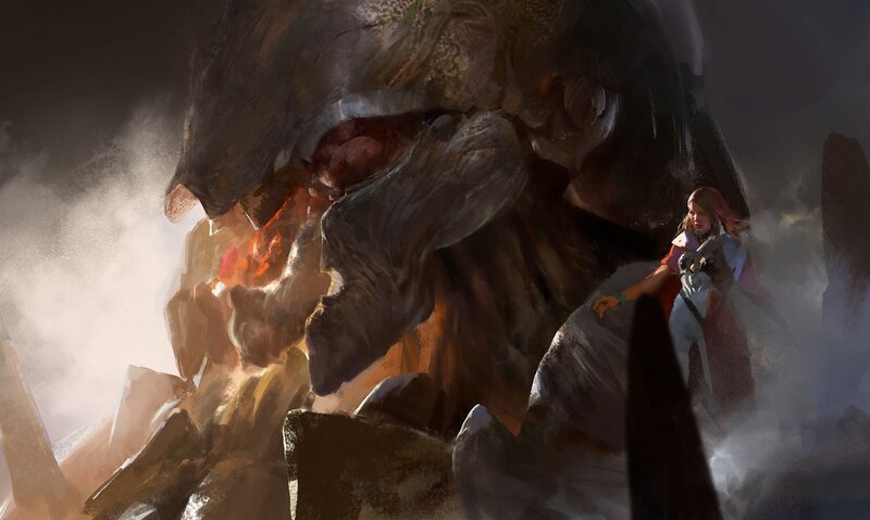 Woman Facing Giant Monster — Gray
