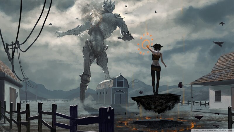 Woman facing giant robot