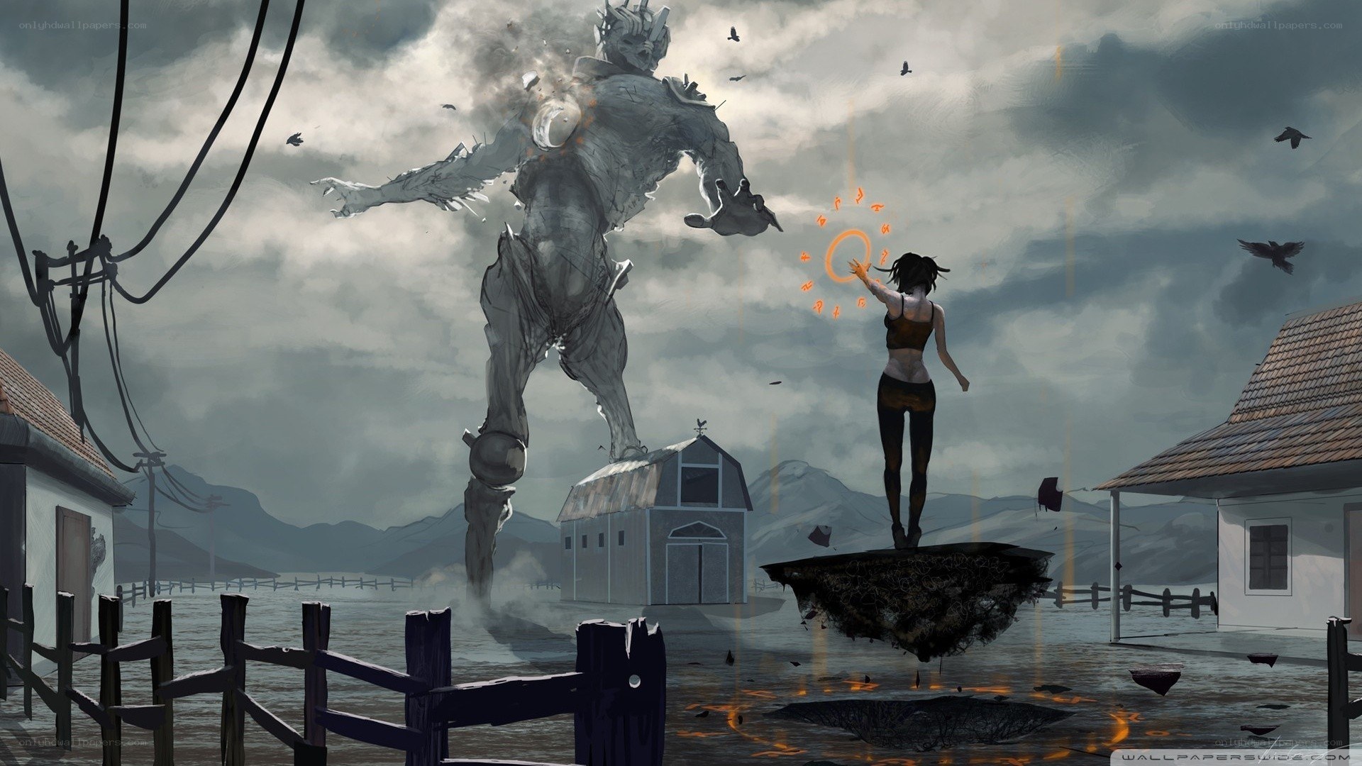 Woman facing giant robot