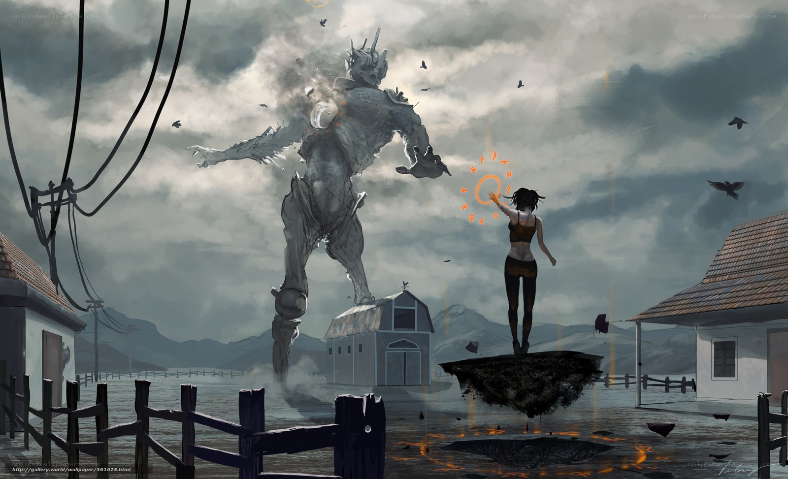 Woman facing giant robot
