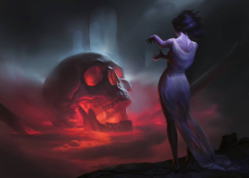 Woman Facing Giant Skull