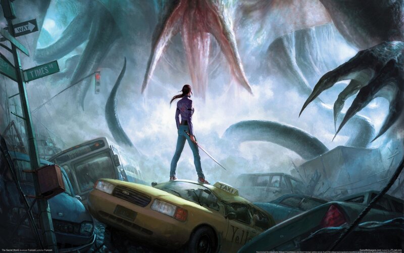 Woman Facing Monster — Blue, Dramatic
