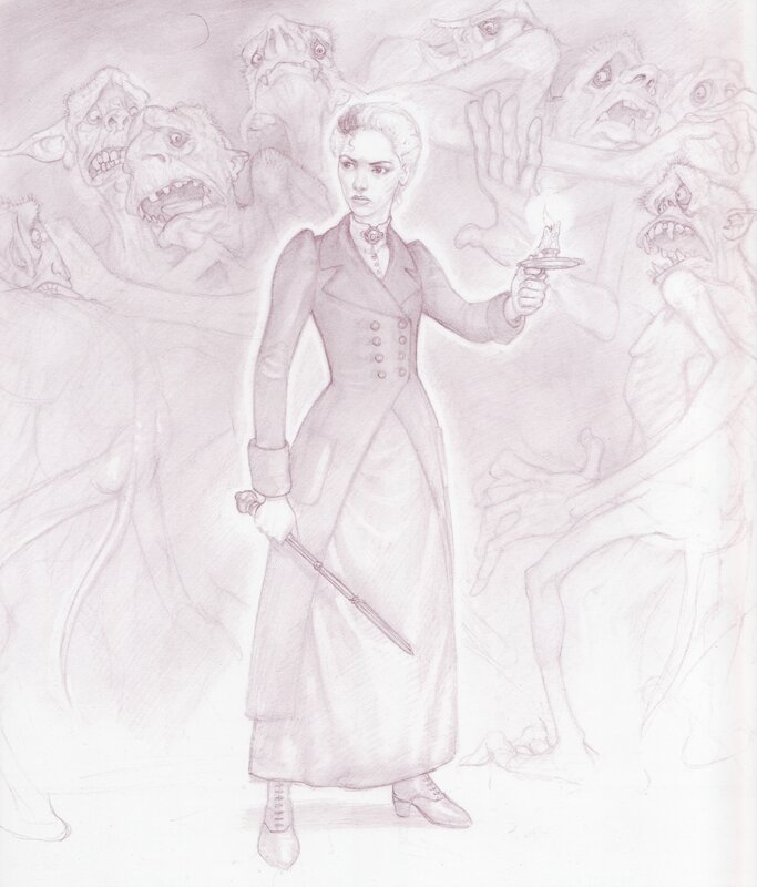 Woman facing monsters with candle