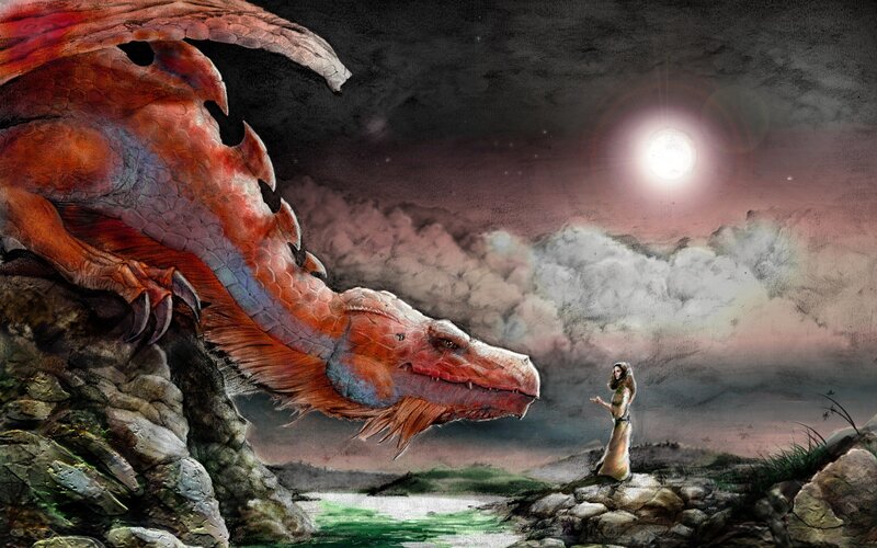 Woman Facing Red Dragon — Dramatic