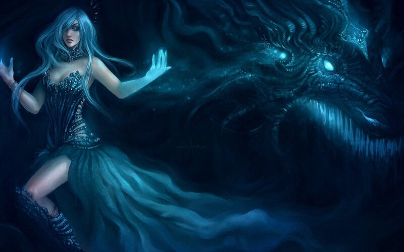 Woman Facing Sea Monster — Blue