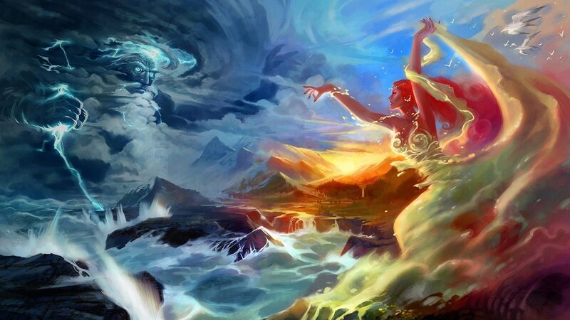Woman Facing Storm God — Blue