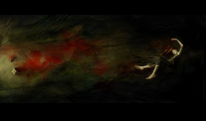 woman falling in dark storm
