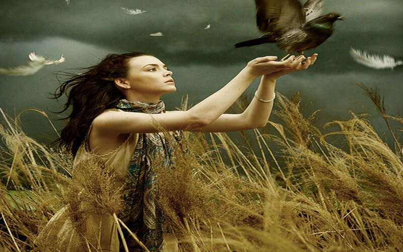 Woman Feeding Bird — Brown, Dramatic