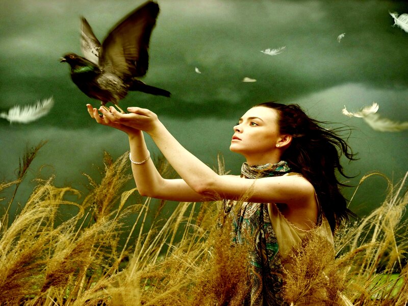 Woman Feeding Bird — Green