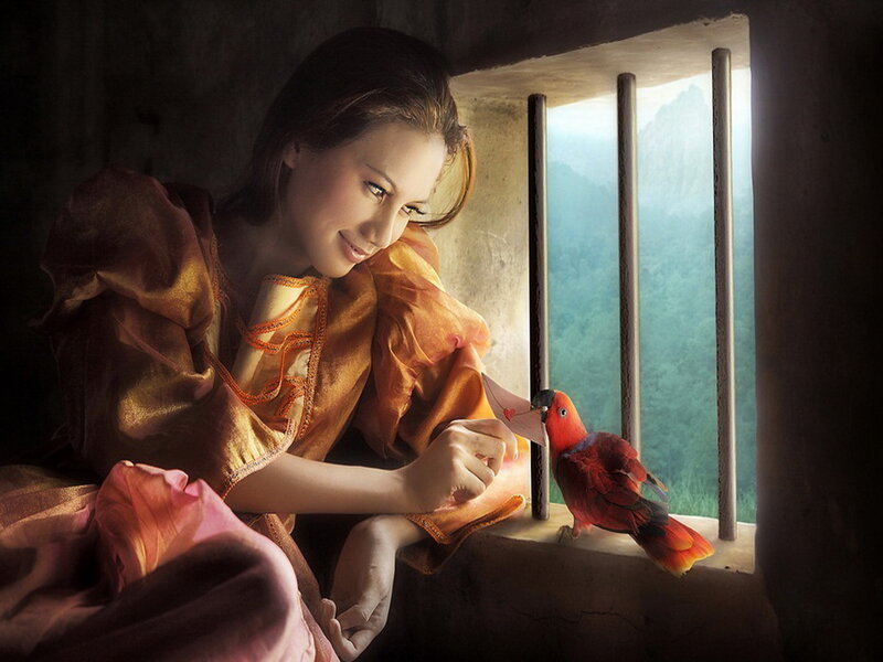 Woman Feeding Bird — Orange