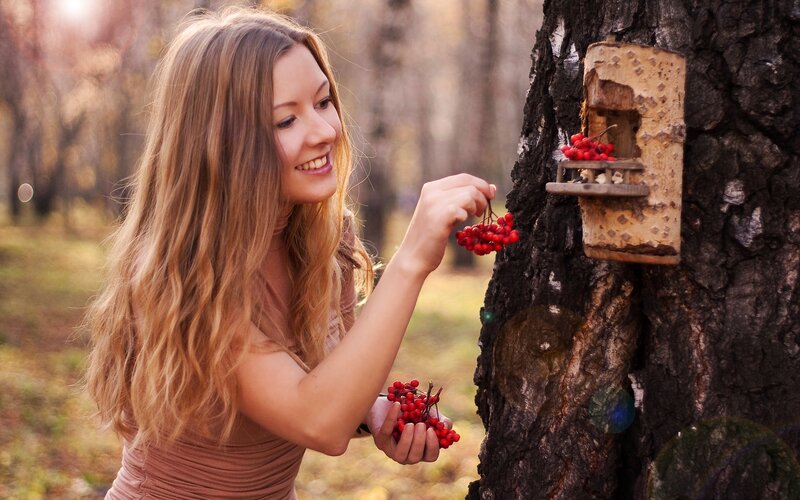 woman feeding birds in forest