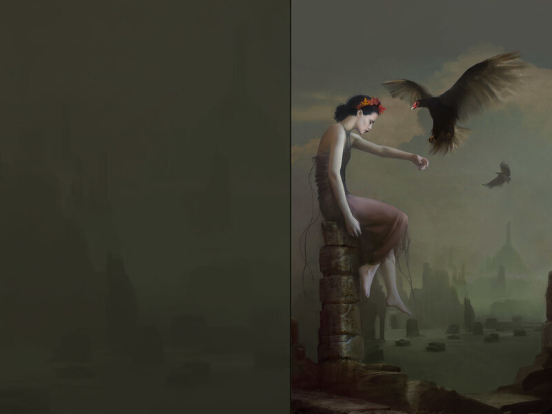 woman feeding birds on ruins